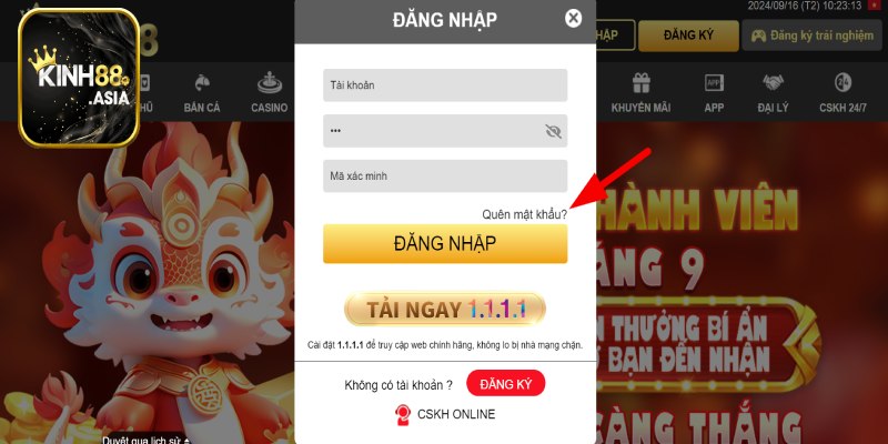 Click “quên mật khẩu” khi quên mật khẩu đăng nhập game